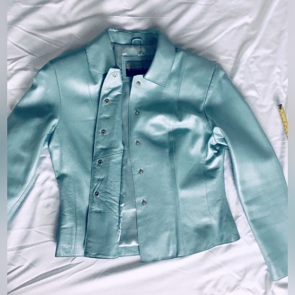 Y2k gorgeous Saguaro light blue metallic/iridescent genuine leather short jacket - Picture 2 of 9